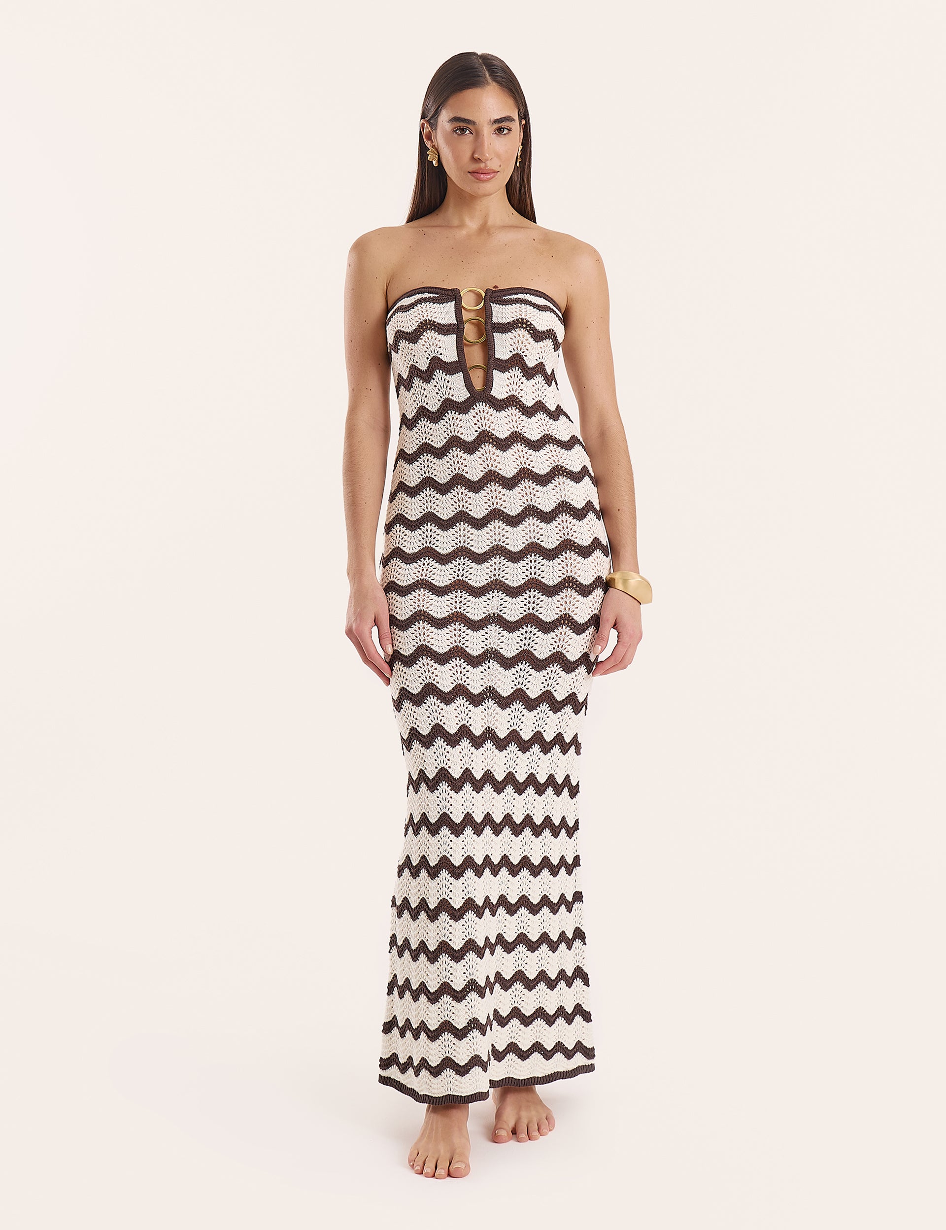 Chocolate And Cream Chevron Print Knitted Bandeau Maxi Dress